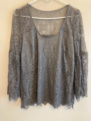 Top Kensie Para Mujer Otoño Floral Encaje Manga Larga Campana Gris Cuello Redondo Forrado Pequeño Foto 1 de 4