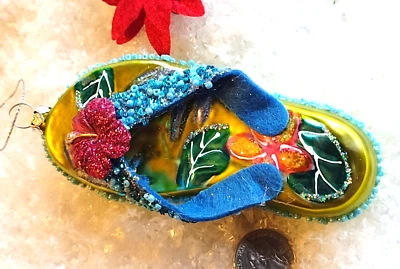 Christmas Ornament TROPICAL SLIPPER Hawaiian Hibiscus BEADED Glass 5" - Image 1 of 4