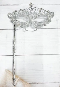 Masquerade Mask with Stick, Wedding Party Silver Mask, Prom Clear Crystal Mask - Picture 1 of 8