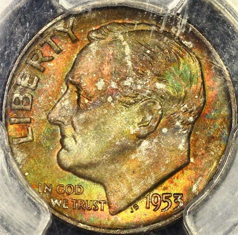 True Rainbow Toned PCGS MS66FB 1953 D Roosevelt Dime 10c PQ Color Full Band 66FB Cover