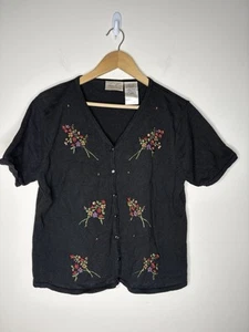 Vintage KATHIE LEE Womens Large Cardigan Sweater Short Sleeve Black Embroidered - Picture 1 of 6