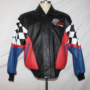 Vtg Budweiser Nascar Mens Sz L Black Leather Jacket Checkered Sleeve - Picture 1 of 9