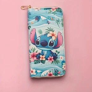 NEW DISNEY STITCH FAUX LEATHER LARGE ZIP UP PURSE WALLET ~ FLORAL WAVE’ DESIGN - Picture 1 of 4