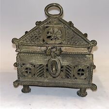 Heavy Antique African Benin Bronze Ornate Casket Box 5" Wide
