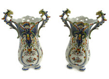 Pair French Vieux Rouen Polychrome Porcelain Vases Marked Dragon Handles WOW