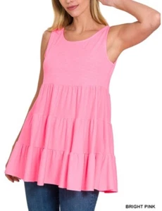 Zenana Women’s Sleeveless Tank Top Tiered Ruffle, High/Low Hem Pink Size Small - Picture 1 of 3