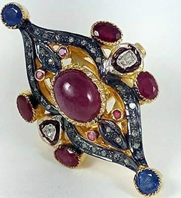 Pave Diamond Ruby & Sapphire Ring 925 Sterling Silver Antique Ring Birthday Gift - Image 1 of 4