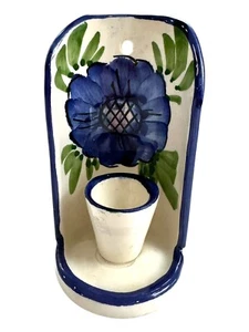 Floral Pottery Wall Sconce Table Candle Holder Hand Thrown Folk Art Blue Green - Picture 1 of 14