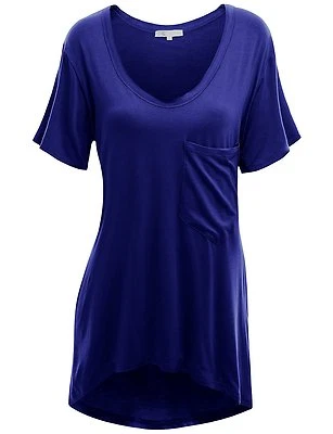 Doublju женщин короткий рукав глубокий v-образным вырезом большого размера футболка груди карман синий 3XL - Изображение 1 из 2