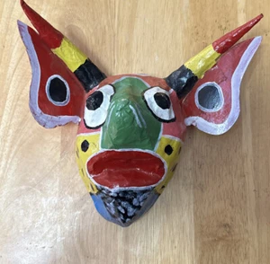 Vintage Mexican Paper Mache Mask colorful horned beast mask wall hanging 10”W - Picture 1 of 6