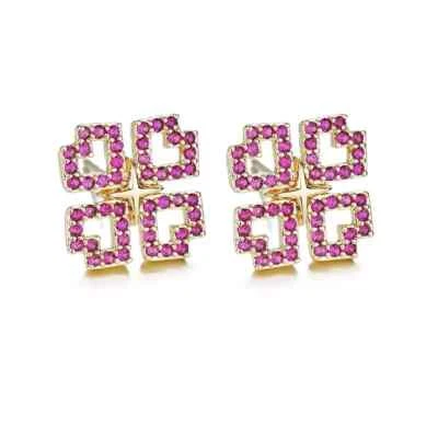 925 Sterling Silver Ruby 1/2" Earrings Natural Gemstone Yellow Gold Plated - Image 1 of 2