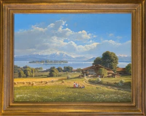 Altes Ölgemälde Wolfgang Heinz Erntezeit am Chiemsee 60 x 80 cm. Sig. Rahmen - Bild 1 von 5