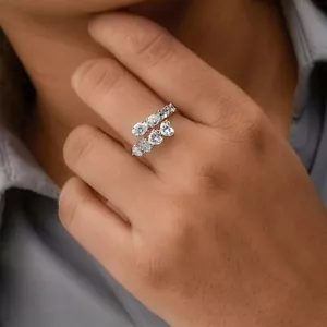 Heart & Oval Cut 2.41 Ct Real SI/H Diamond Bypass Wedding Ring 14k White Gold - Picture 1 of 9