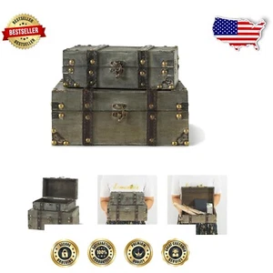 Timeless Rustic Wooden Trunks - Set of 2 Decorative Storage Boxes for Keepsakes - Picture 1 of 10