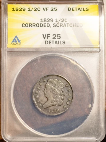 1829 .5c Classic Head Half-cent VF-25 Details ANACS # 7494961 + Bonus Cover