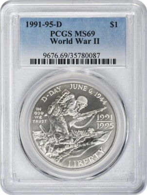 1991-1995-D 1993 WWII World War 2 Silver Commemorative Dollar MS69 PCGS - Image 1 of 2