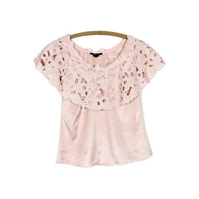 Camisa Anna Sui vintage anos 90 Y2k enorme colarinho de corte bordado seda rosa Xs P 2 rara - Imagem 1 de 4