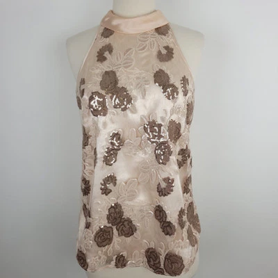Etcetera Pink Satin Floral Lace and Brown Sequin Overlay Halter Tank Blouse Sz 2 - Image 1 of 4
