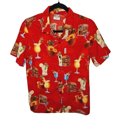 Camisa havaiana feminina vintage anos 90 Go Barefoot Aloha Camp S Tiki coquetéis Pina Colada - Imagem 1 de 4