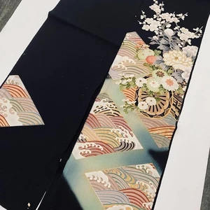 Japan Sea #Eset 3.33yd LONG Hand Painted Tomesode Black Silk Kimono Fabric ToF71 - Picture 1 of 8