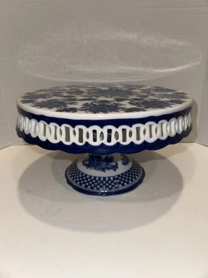 Suporte para prato de bolo com pedestal de porcelana azul e branco barril cracker - Imagem 1 de 4