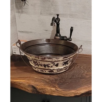 15" Copper Farmhouse Vessel Bucket Sink with Distressed White 15" x 15" x 6" - Image 1 of 4