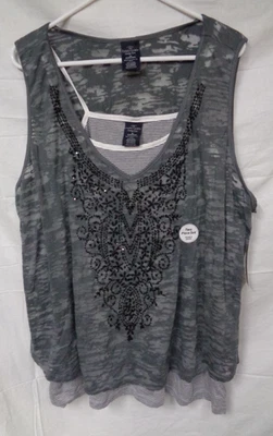 Women's FADED GLORY Double Layer Embellished GRAY Spaghetti Tank Top Set ~ 3X - Image 1 of 4
