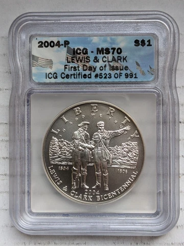 2004-P Lewis & Clark 90% Silver Dollar Uncirculated ICG MS70 $1 FDOI Top Pop Cover