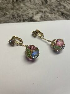 Gold Tone Multi Color Faceted Glass Dangle Costume Earrings Clip On Clip-on