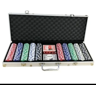 500 Piece Texas Hold Em Poker Set Tin Case Cards Deck Chips Mat Dice Casino Game - Image 1 of 4