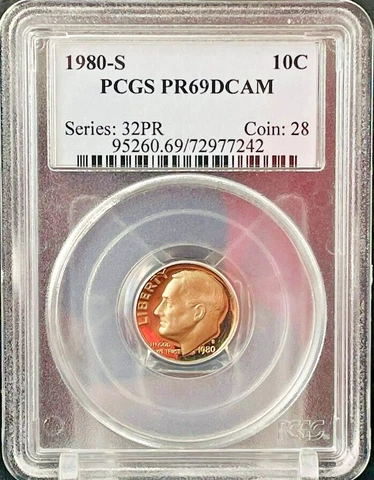 1980-S Roosevelt DIME 10c Ten PROOF COIN 1980 S PCGS PR69 DCAM Deep Cameo Cover