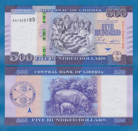 Liberia 500 Dollars P 40a New 2022 UNC ( P 40 a ) Prefix "AA" Hipo Hippopotamus Cover