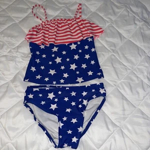 SO Red White And Blue Tankini Girls Medium Size 10 American Swimsuit Flag - Picture 1 of 3