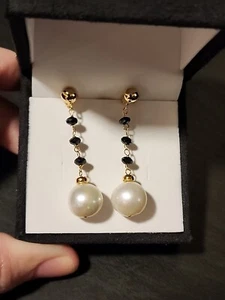 White Freshwater Pearl & Black Spinel 18k Yellow Gold/925 Dangle Earrings - Picture 1 of 6