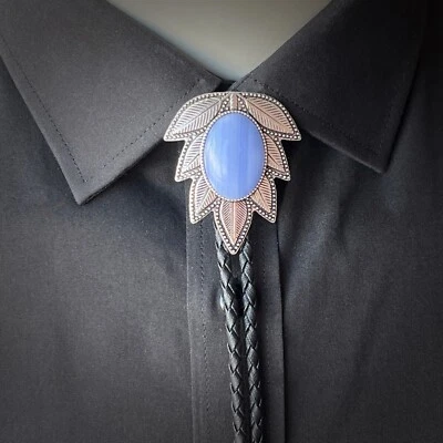 Collar Occidental Natural Púrpura Ágata Pino Piedra Bolo Corbata Patrón Hoja Plata Foto 1 de 4