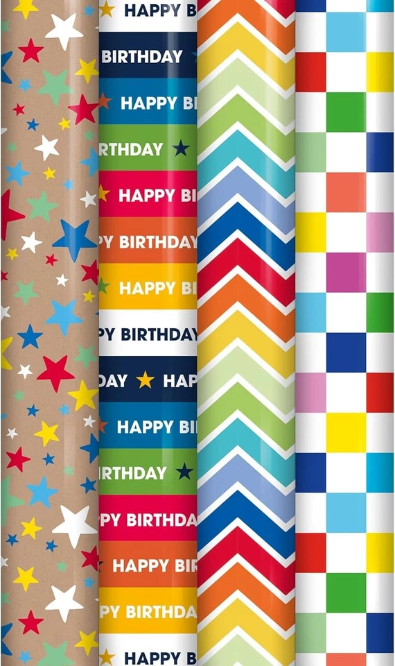 ANGIX 4 Rolls x 3M Happy Birthday Gift Wrapping Paper Roll Birthday Gift Paper