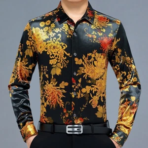 Velvet Men Printed Blouse Tops Casual Floral Shirts Retro Pleuche Long Sleeve - Picture 1 of 11