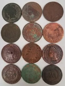 90a6409P12 LOT 12 DUG UP INDIAN HEAD PENNIES CENTS 1864-1909 COINS 115+ YRS OLD - Picture 1 of 7