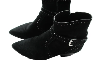 Botas Loeffler Randall Negro Gamuza Botín 9B Cuero Tachuelas Cremallera Lateral Correa para el Tobillo Foto 1 de 4