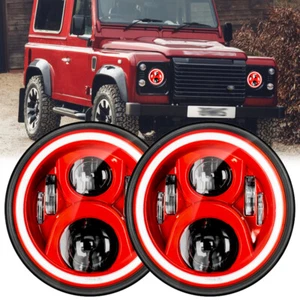 Pair Red LED Headlights Round Halo DRL Turn Light For Land Rover Defender 90 110 - Picture 1 of 7