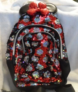 Disney Parks Minnie Mouse Reversible Sequined Mini Backpack RED/BLACK White Dots - Picture 1 of 6