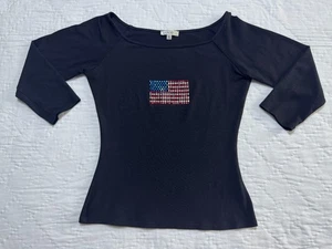 Cache Damen Bluse Oberteil schwarz U-Boot-Ausschnitt Strass USA Flagge Langarm Small - Bild 1 von 6