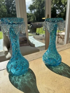 Murano Art Glass Blue Vase Candlestick Holder Pair x2 Aqua Blue Silver Flecks - Picture 1 of 9