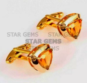 Gemelos de piedras preciosas de citrino amarillo plateado chapado en oro de 14k regalos de novios CF52 - Imagen 1 de 2