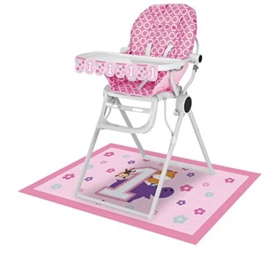 New Girl's First Birthday Pink High Chair Decorating Kit Flag Banner & Mat - Image 1 of 4