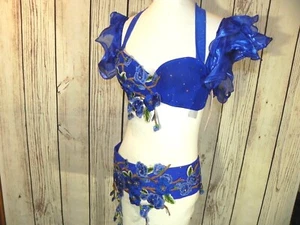 Belly Dancer Bra & Belt Set Blue Floral Applique shoulder Ruffles size S-M NWT - Picture 1 of 9