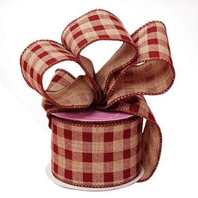 Burgundy Gingham Wired Edge Ribbon - 2 1/2" x 10 Yards, Fall, Christmas, Wreath - Image 1 of 2