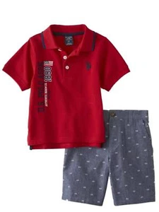 US Polo Assn Infant & Toddler Boys Red Polo Baby Outfit Gray Poplin Shorts Set - Picture 1 of 1