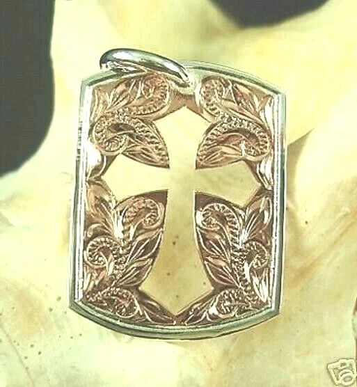 23MM HEAVY ROSE GOLD PLATED 925 SILVER HAWAIIAN ENGRAVED SCROLLS CROSS PENDANT Foto 1 de 1