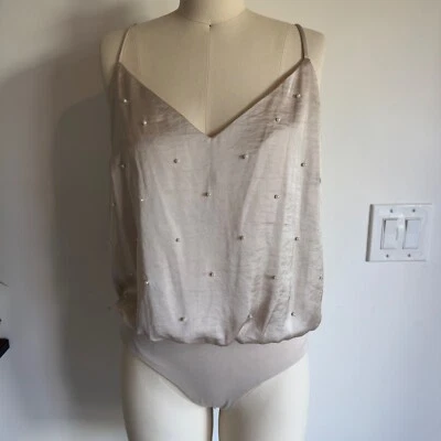 ASTR The Label Pearl Detail Silk Sateen V-neck Sleeveless Bodysuit-Beige-Size L - Image 1 of 4